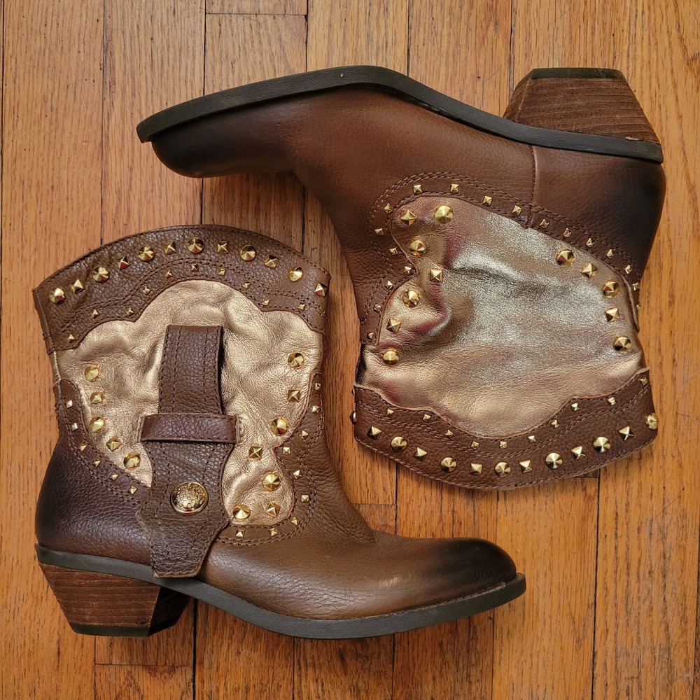 Vince Camuto Brown Leather Studded Western Boots Gold Metallic‎ 7.5 MADALISSA